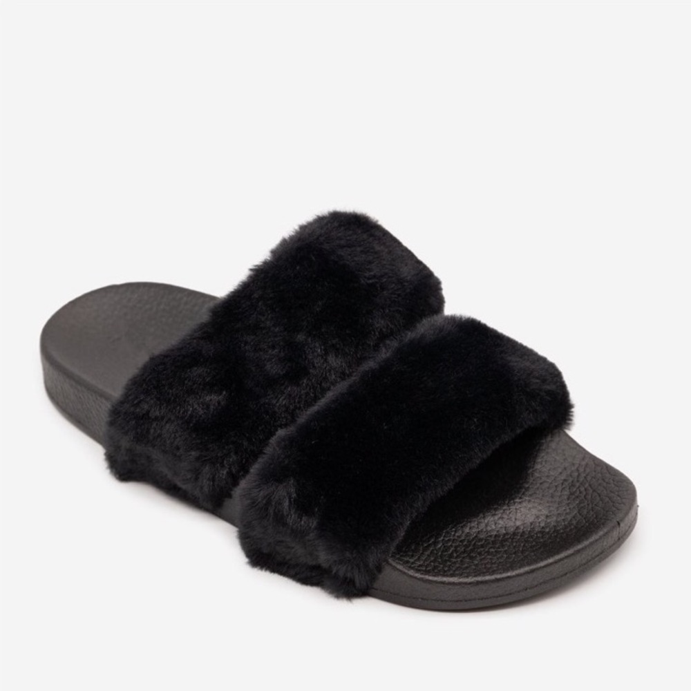 Black Double Band Faux Fur Slides Sandals Slippers - Picture 4 of 7